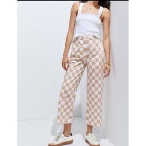 Anthropologie Hutch Wide Leg Cropped Checkerboard Pants Size 0 Tan And White
